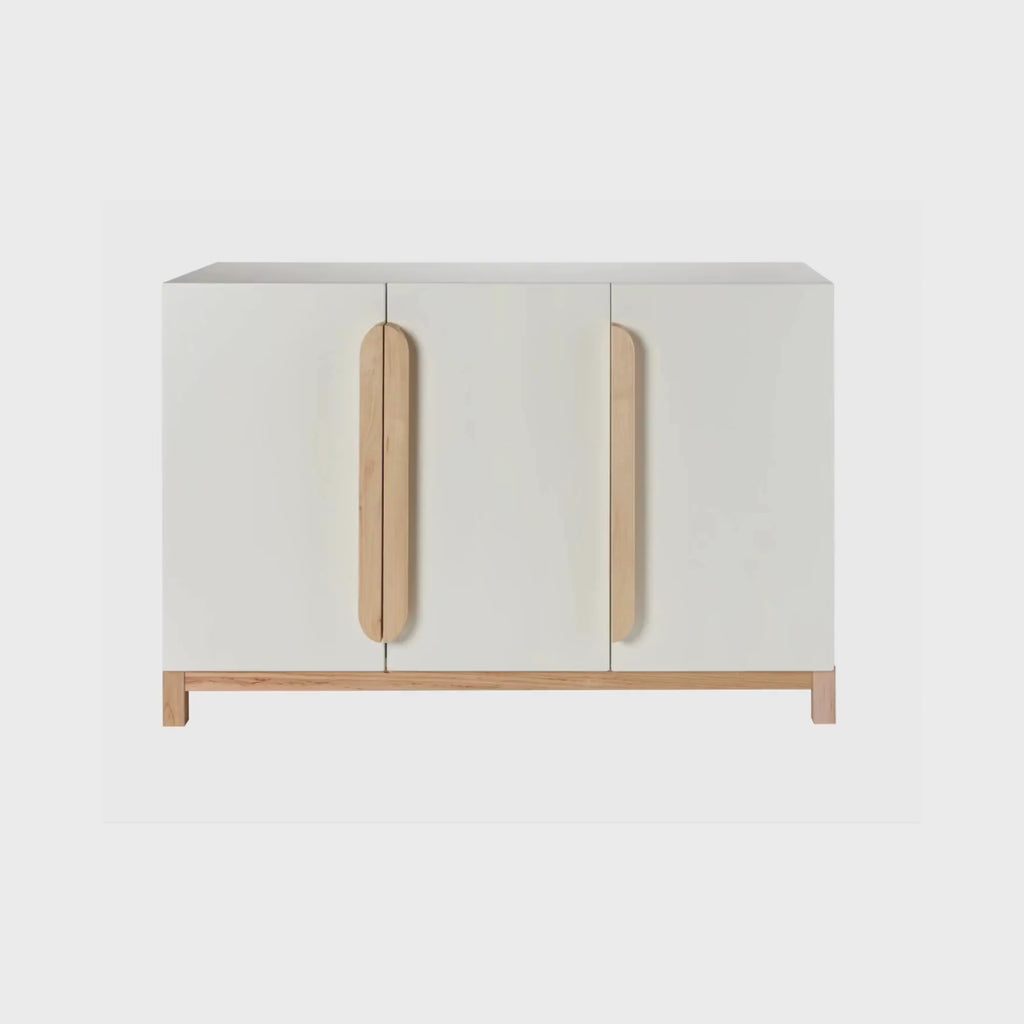 A video of the Milton and Goose Terry Storage Console shows the three doors that open to reveal shelves. 